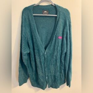 Women's Vans x Curren x Knost Green Fuzzy Knit Teal Cardigan Sweater Size XL